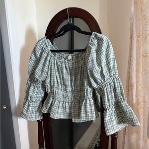 Wayf Sage and White Gingham Peasant Blouse